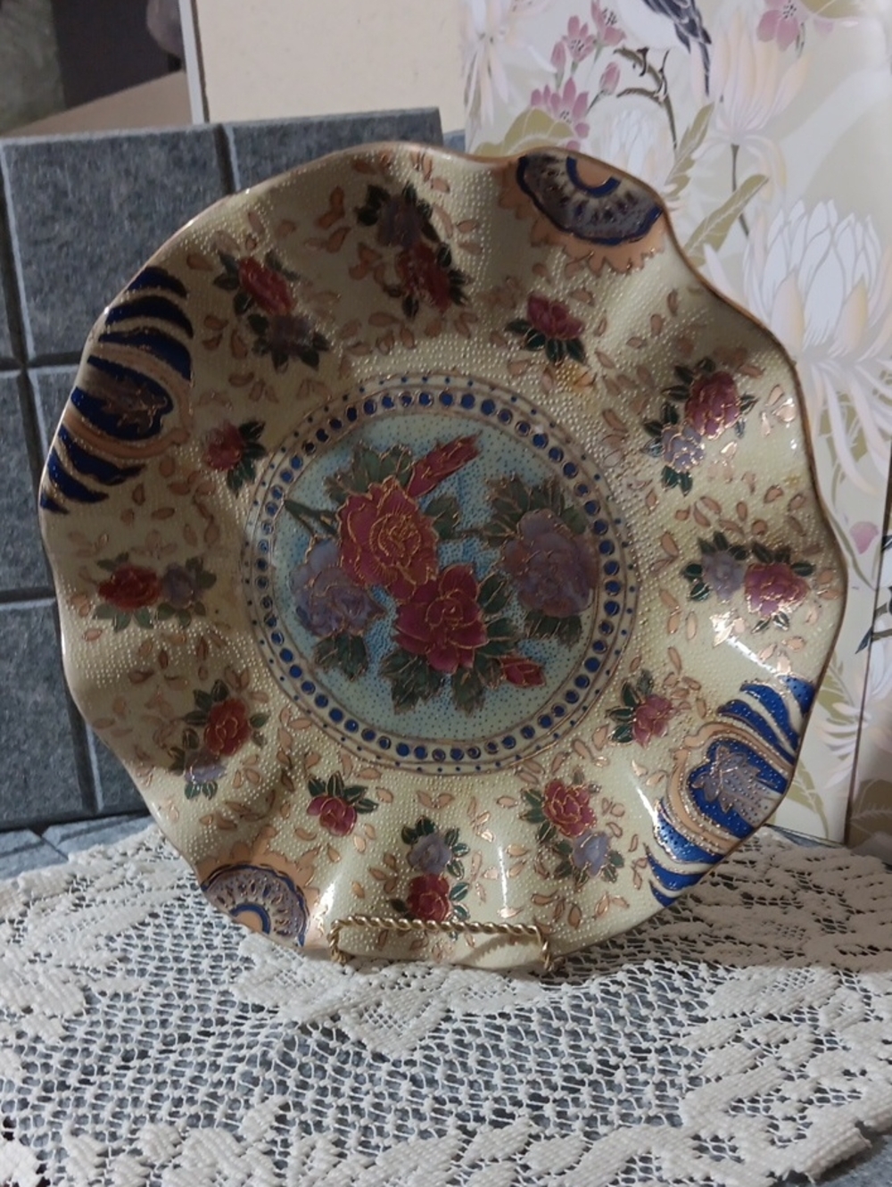 Decorative Floral Scalloped Ceramic Plate in Cream with Pink & Blue Accents